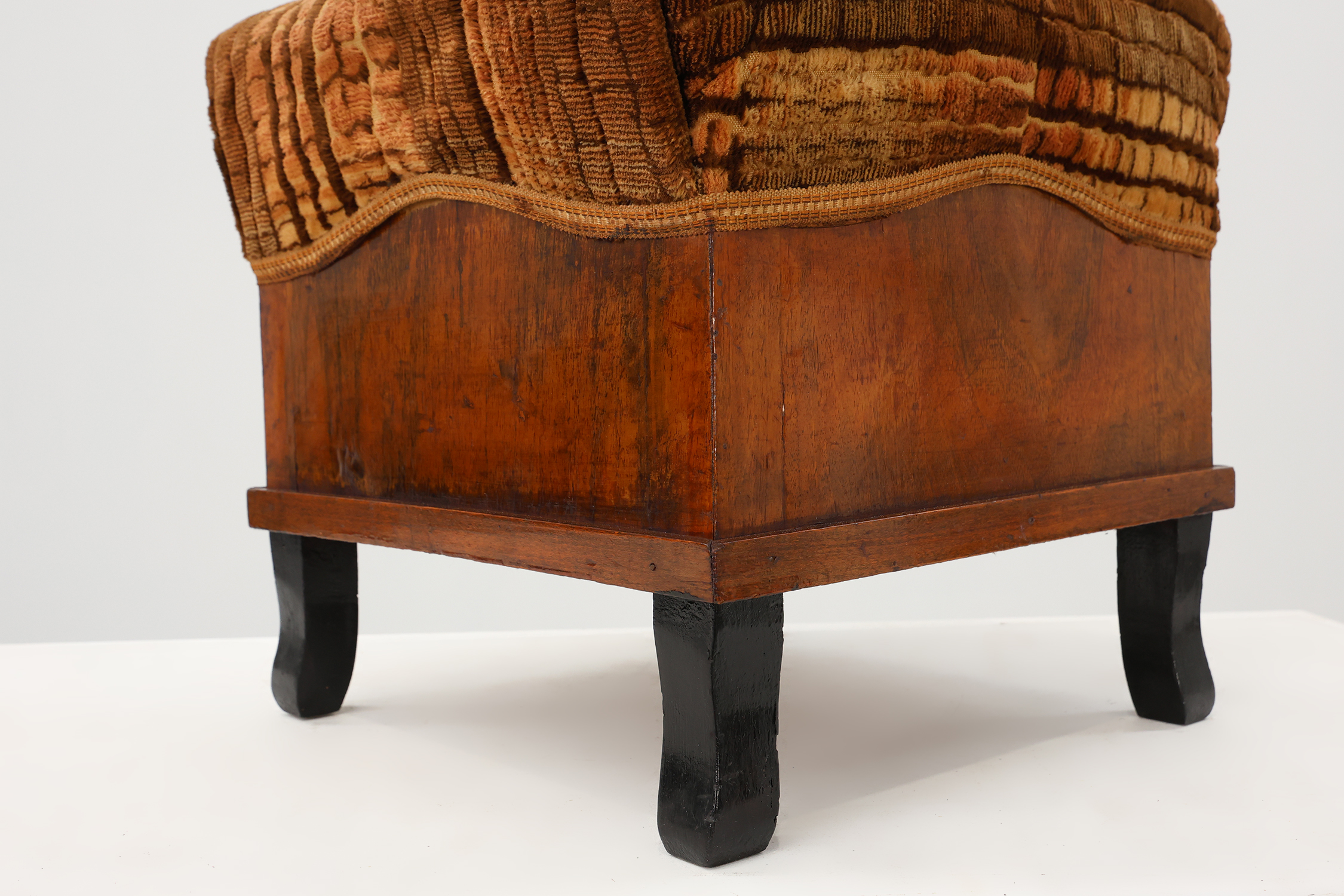 Pair Art Deco walnut stools with original velvet upholstery, Italy 1920sthumbnail